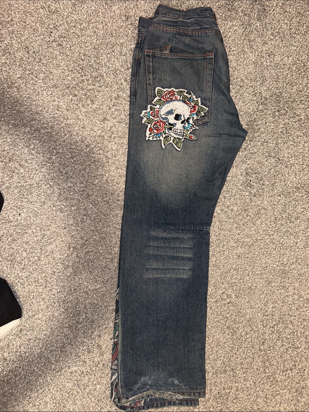 Ed Hardy Dark Blue Jeans with Embroidered Skull & Rose Patch